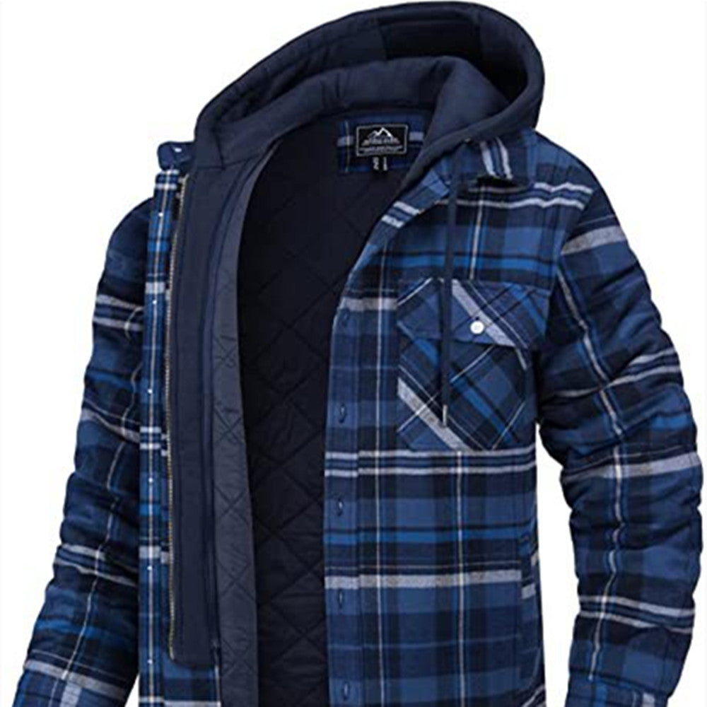 Men's Plaid Hooded Coat Winter Warm Button Zip-up Jacket Fashion Outerwear
