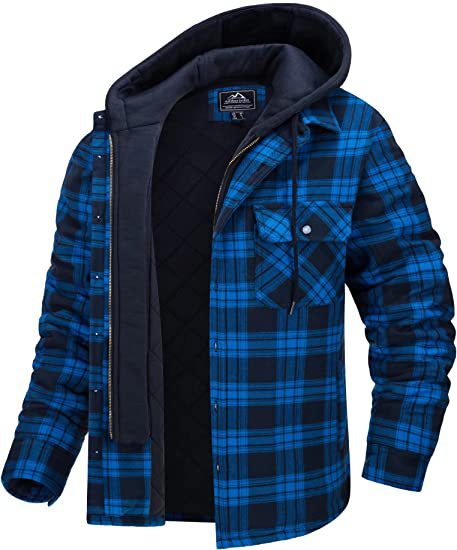 Men's Plaid Hooded Coat Winter Warm Button Zip-up Jacket Fashion Outerwear