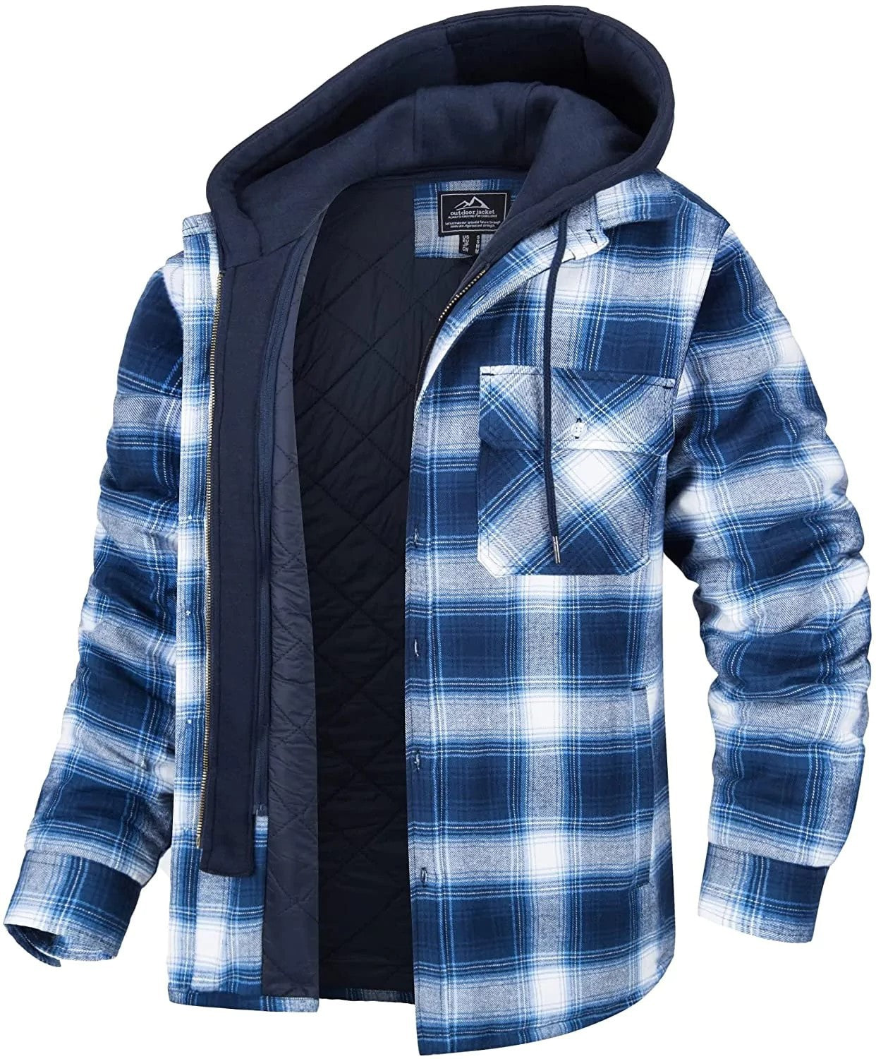 Men's Plaid Hooded Coat Winter Warm Button Zip-up Jacket Fashion Outerwear