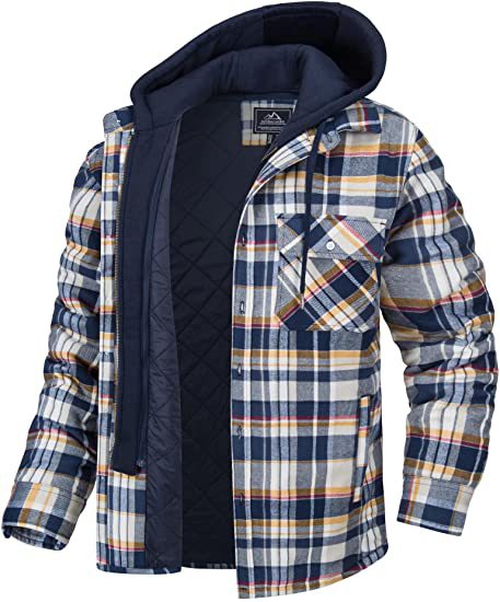 Men's Plaid Hooded Coat Winter Warm Button Zip-up Jacket Fashion Outerwear