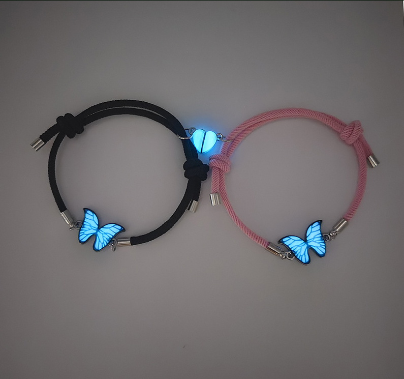 Couples Bracelets Night Light Butterfly Alloy Heart Magnetic Night Glow Handmade