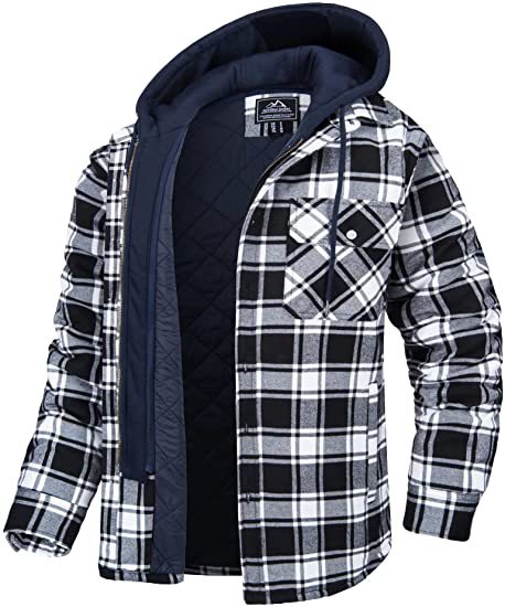 Men's Plaid Hooded Coat Winter Warm Button Zip-up Jacket Fashion Outerwear