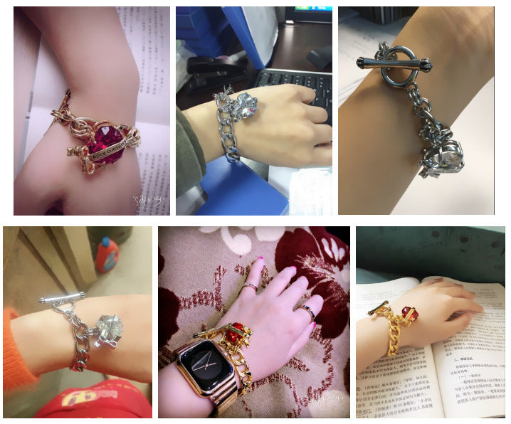 Bracelet Crystal Gemstone Love Zircon Bow Pendant T-Buckle Crown Handmade