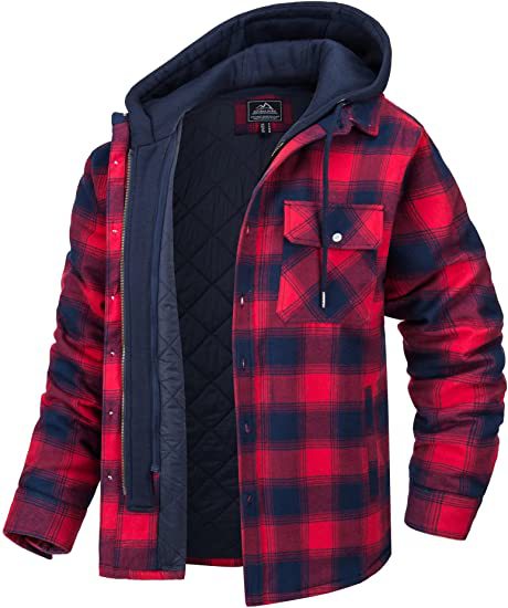 Men's Plaid Hooded Coat Winter Warm Button Zip-up Jacket Fashion Outerwear