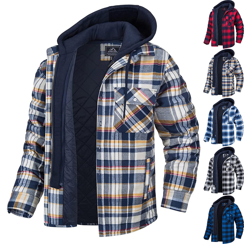 Men's Plaid Hooded Coat Winter Warm Button Zip-up Jacket Fashion Outerwear