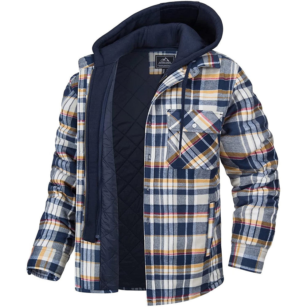 Men's Plaid Hooded Coat Winter Warm Button Zip-up Jacket Fashion Outerwear